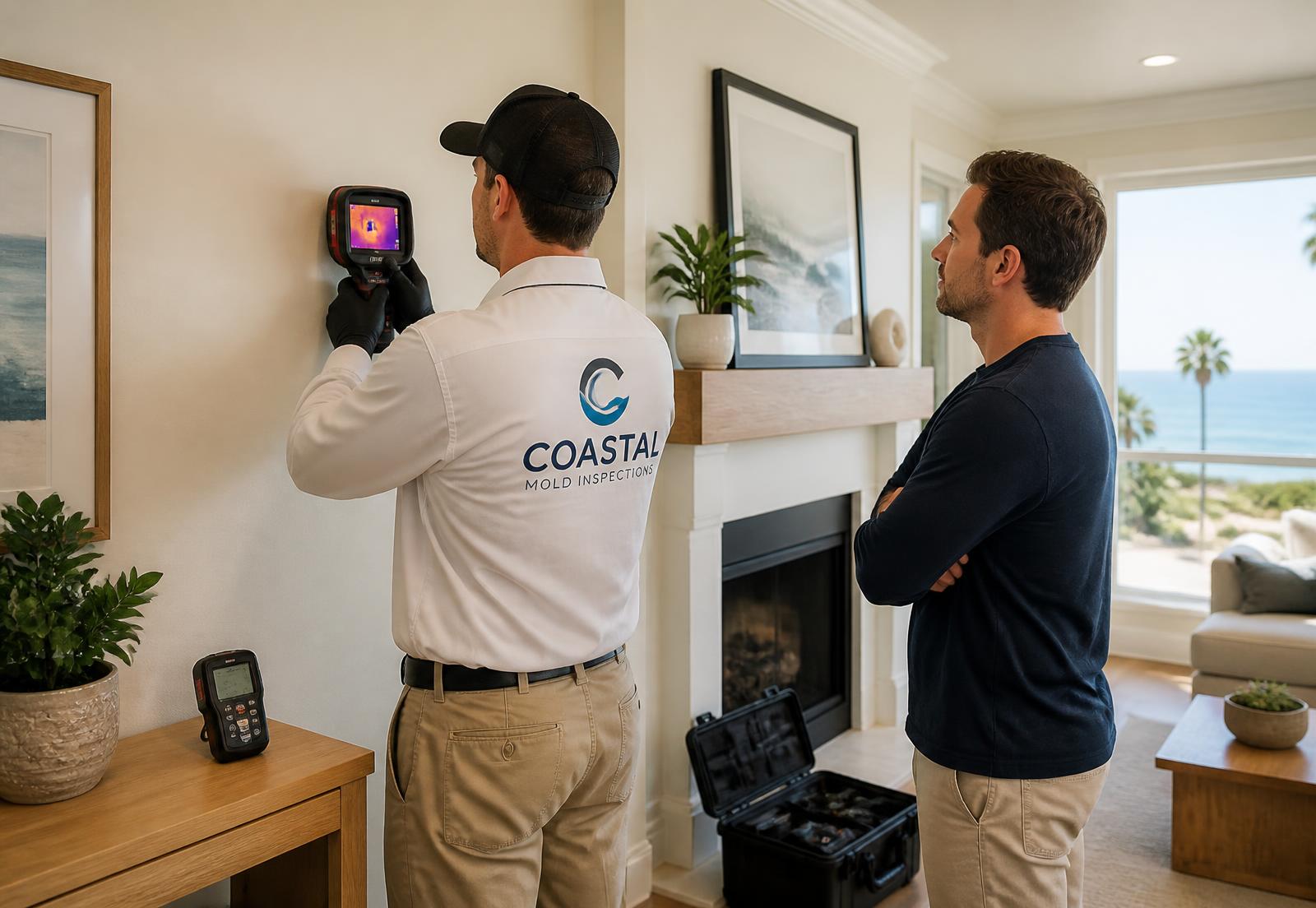 Mold inspector using a thermal camera and moisture meter during a mold inspection with a homeowner in Manhattan Beach, CA